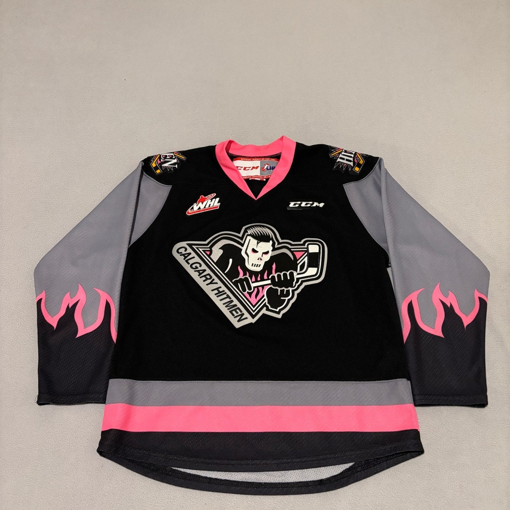 CCM Calgary Hitmen WHL Youth Hockey Jersey Black Pink Flames L/XL Made in Canada